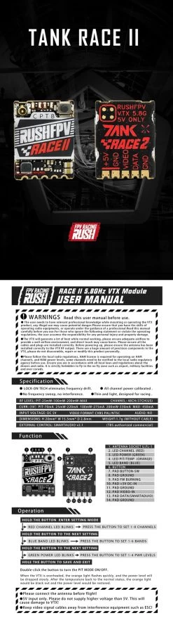 Rush TANK Race II 5.8GHz 37ch Video Transmitter - US -Drone Parts Store RushFPV Rush Tank Race II 5.8GHz VTX w SmartAudio Info